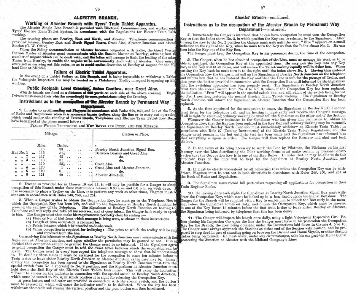 GWR Appendix to the Service Time Tables (dated March 1921) detailing the local instructions as to the occupation of the Alcester Branch