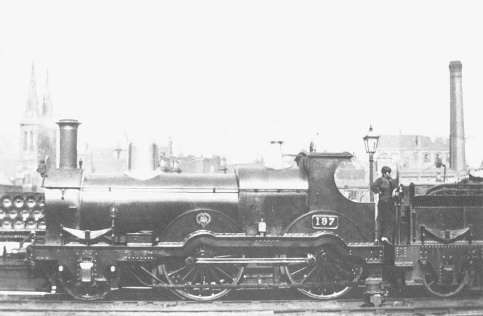 Ex-West Midlands Railway 2-4-0 No 197 is seen standing at the North end of Snow Hill station on the up platform circa 1900