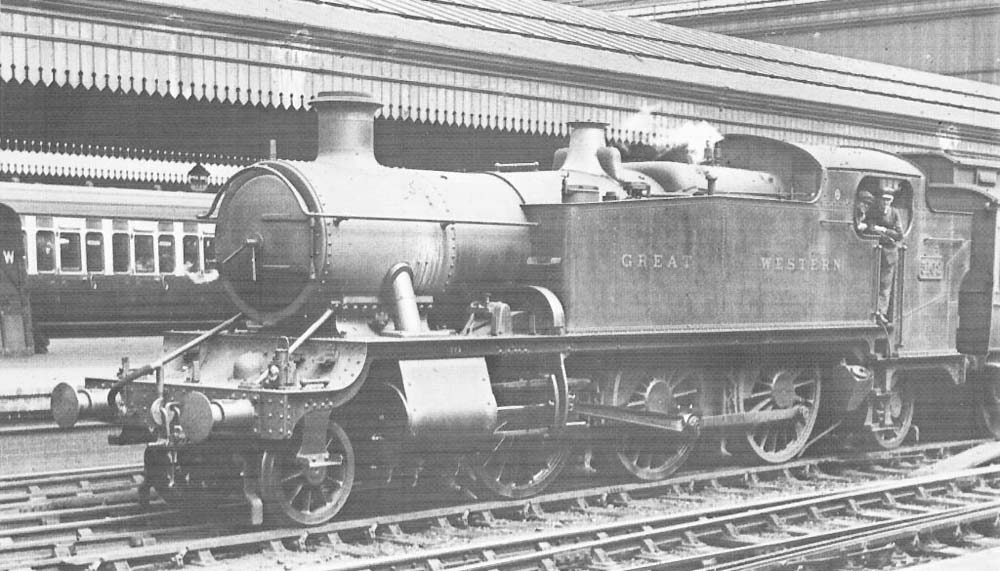 Another view of Great Western Railway large prairie 5101 class 2-6-2T No 5102 waiting with some clerestory coach stock