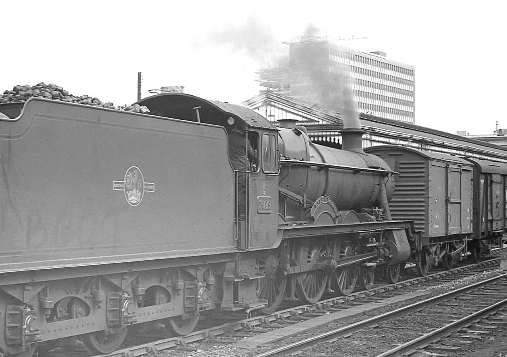 British Railways built Modified Hall class No 7929 'Wyke Hall' is seen carrying out pilot duties on 17th April 1964