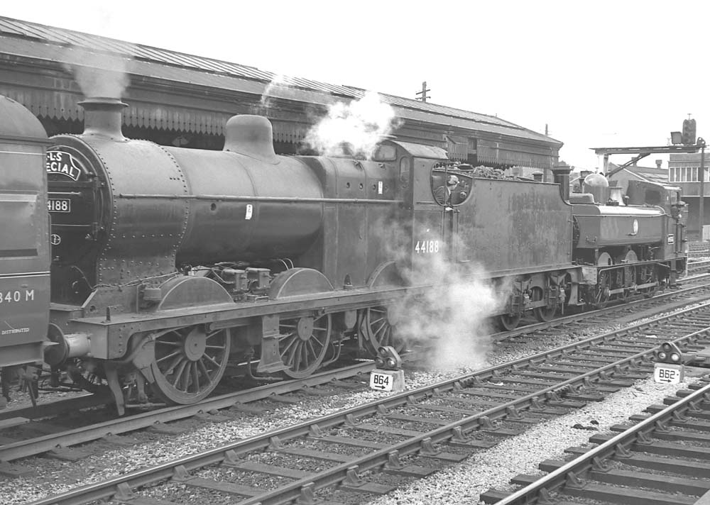 Ex-LMS 0-6-0 4F No 44188 and ex-GWR 0-6-0PT 64xx class No 6435 head a special through snow Hill on 24th April 1965