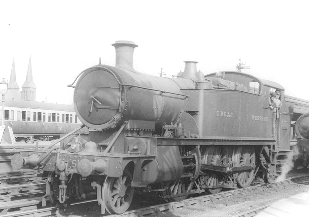 GWR 2-6-2T 'Large Prairie' No 5100, the founding member of the 51xx class, is station pilot when seen on the down through road at the North end of Snow Hill station