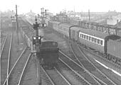 Close up showing an ex-GWR 0-6-0PT Pannier tank marshalling a long coal train as it prepares to set back to Bordesley sidings