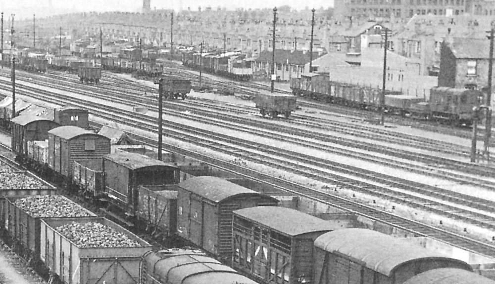 Close up showing the six main running lines to Moor Street station and the throat of the Caledonia yard which is being shunted by a BR 0-6-0 diesel
