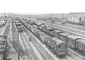 View of Bordesley Goods Yard looking south towards Small Heath station and showing Small Heath Road bridge crossing the GWR line in the distance