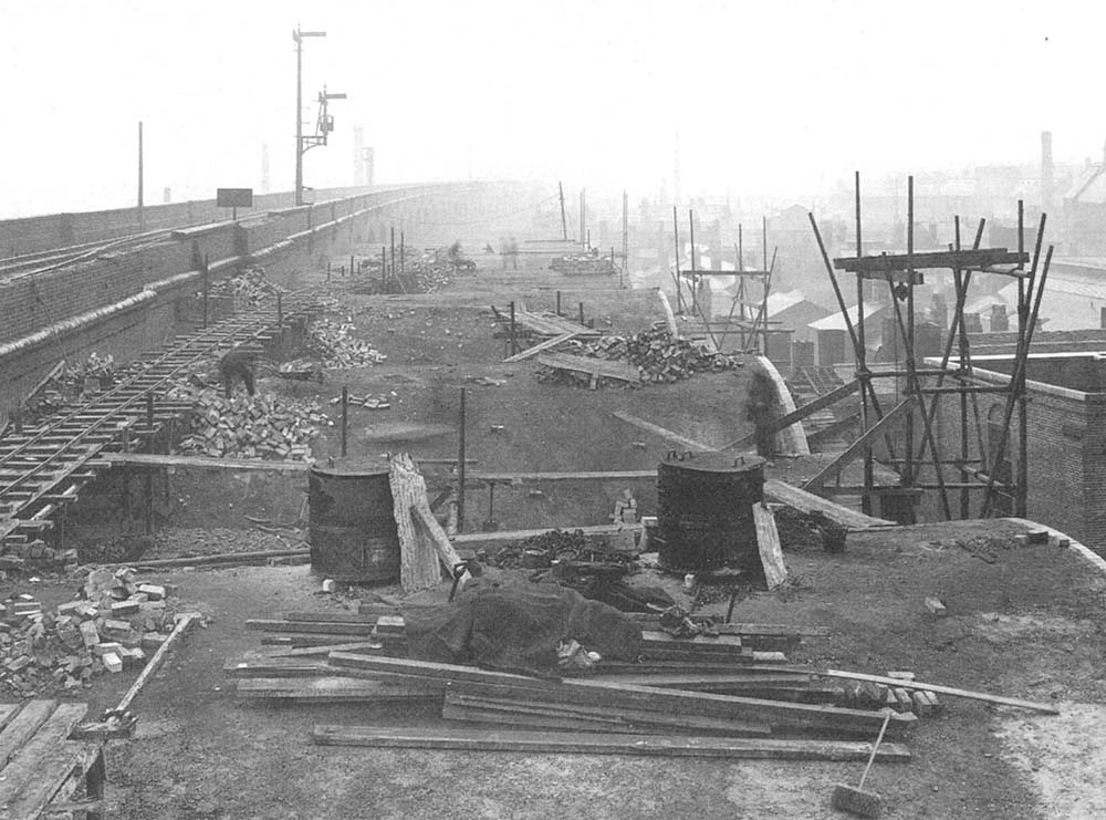 Close-up showing the work involved in extending the viaduct from two to four sets of tracks