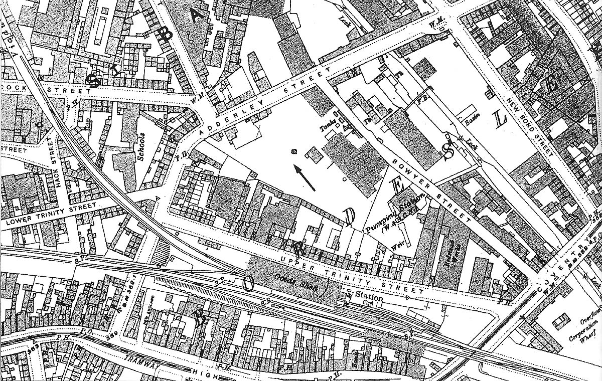 Plan of Bordesley Station prior to the First World War showing the original station layout complete with goods shed
