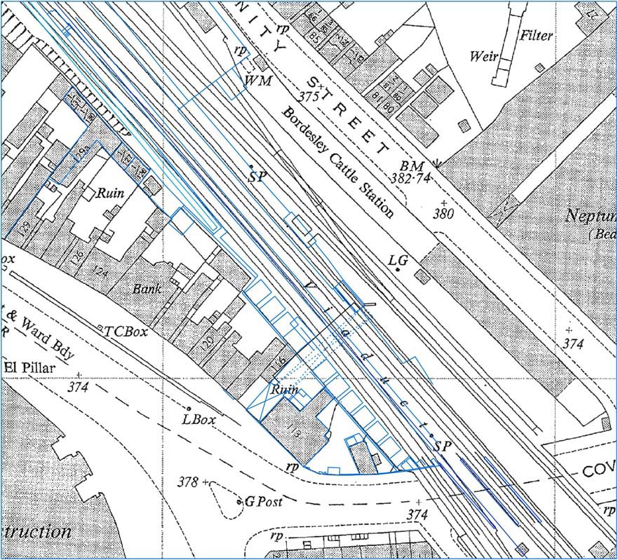 Ordnance Survey Map of 1950 and a schematic overlay showing the outline of Bordesley Cattle Station