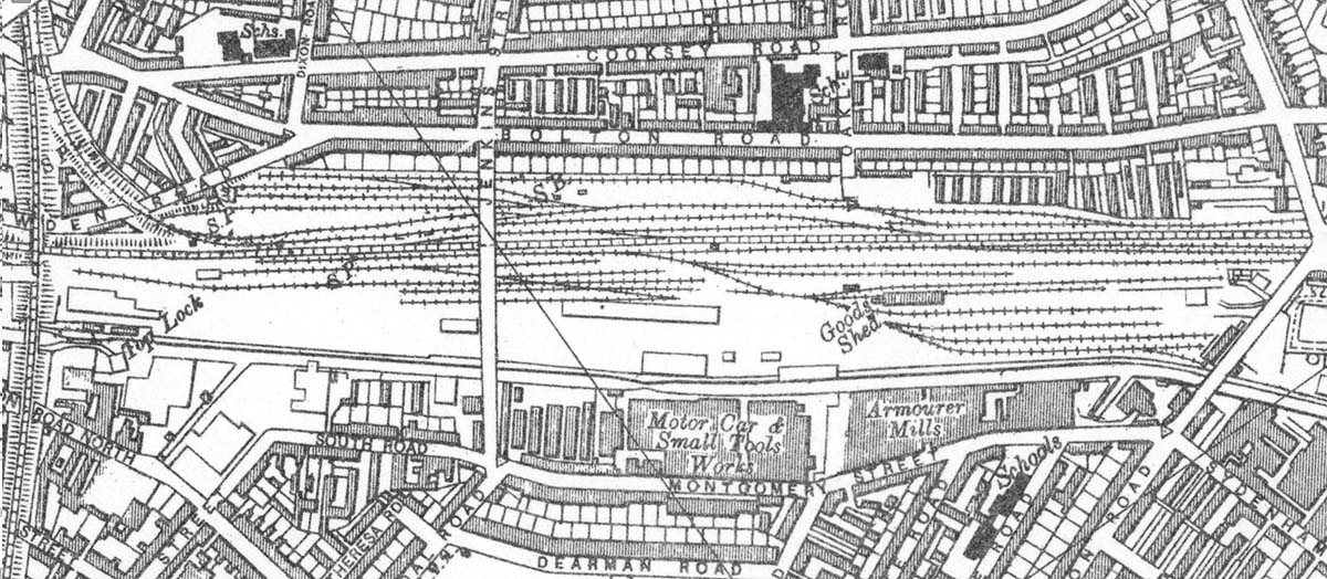A 1945 Map of Bordesley showing Bordesley Junction, extensive exchange sidings and goods yard and shed