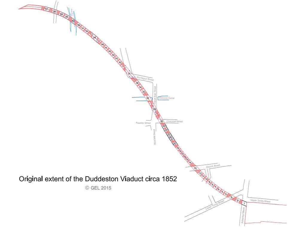 A schematic diagram created to show the original extent of the Duddeston Viaduct circa 1852