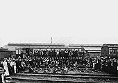View of all the staff who played a role in the staging of the accident at Bordesley Junction with the former Bordesley shed seen in the background