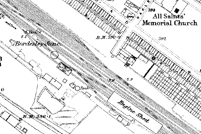 Map showing the location of Bordesley shed which was located the opposite side of the railway to Oakley Road
