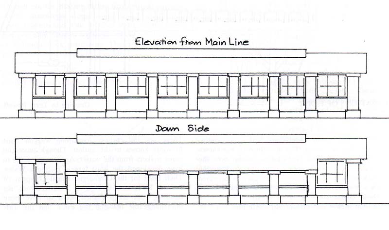 Schematic drawings showing the two side elevations of the 1854 broad gauge Birmingham Engine House at Bordesley