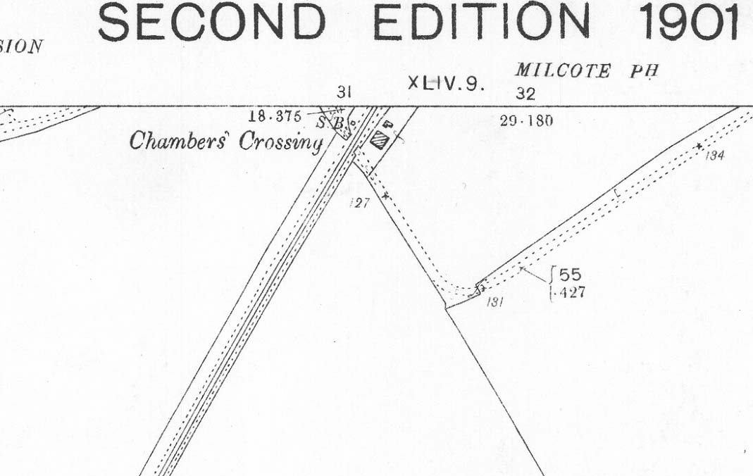 A 1900 Ordnance Survey map showing the single line railway and the gate keepers house at Chambers Crossing