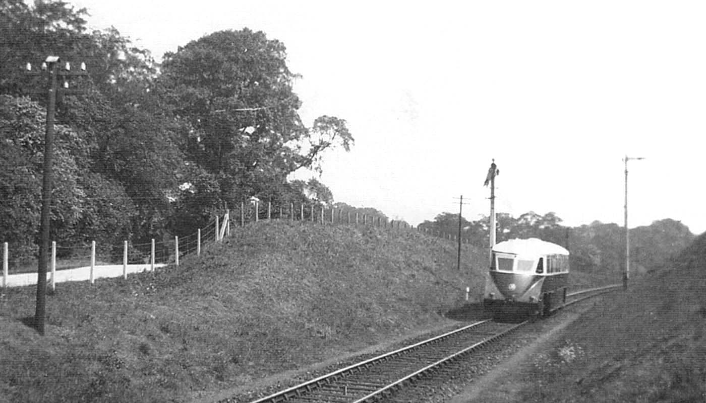 GWR Diesel Railcar No 4 is seen on an up service to Leamington just south of Claverdon station in 1939