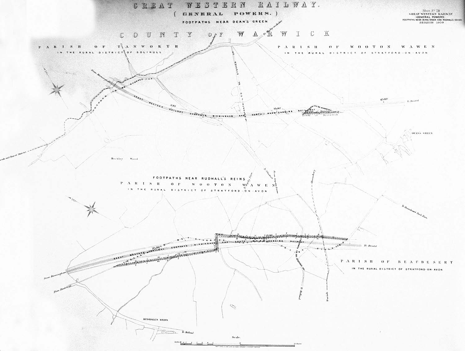 A GWR map showing footpaths and rights of way in relation to the Birmingham and North Warwickshire lines
