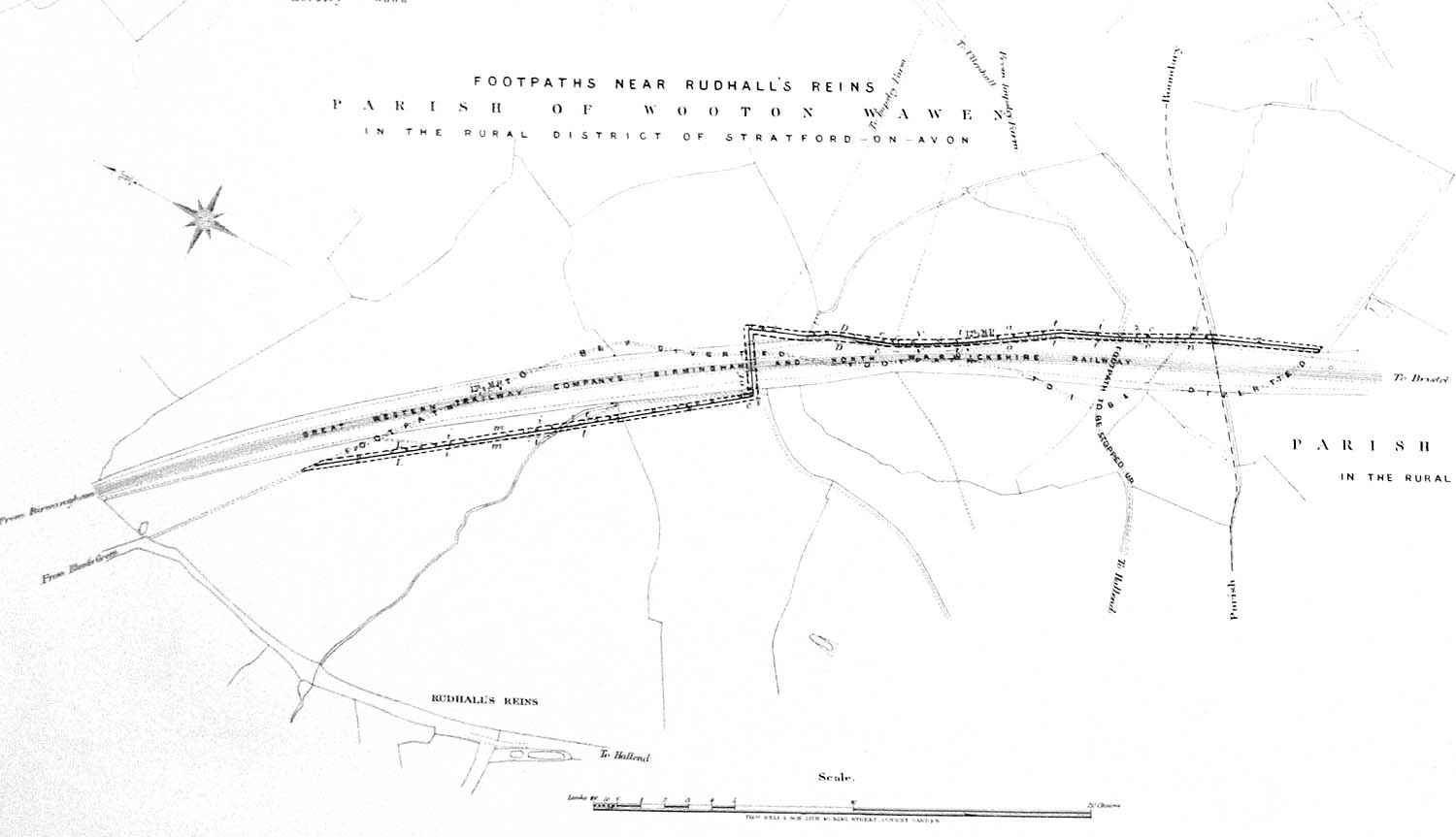 Close up showing footpaths and rights of way in relation to the North Warwickshire line near Rudhall's Reins