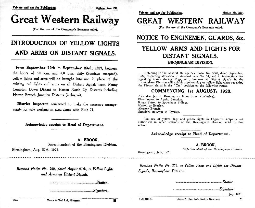 Copy of the notice issued by the GWR in 1927 advising staff of the changes to Distant Signal arms and coloured lens