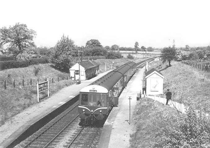 A three-car 'Cross Country' Diesel Multiple Unit stands at Grimes Hill & Wythall Platform on 15th May 1959