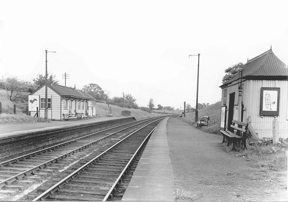 Looking toward Birmingham from the down platform showing the two Pagoda buildings on the up platform replaced by a single structure