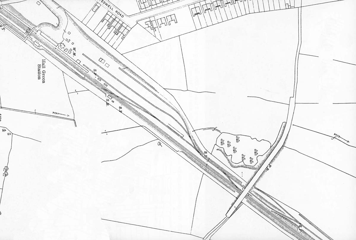 A 1916 Ordnance Survey map of Hall Green showing the station, goods yard and 'contractors' sidings