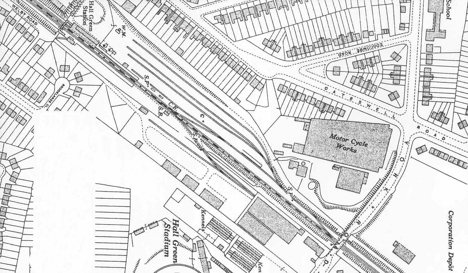 A larger scale 1937 Ordnance Survey map showing Hall Green station and its extensive goods yard