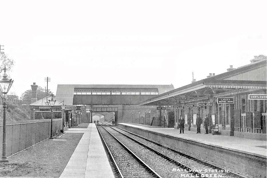 A 1908 view of Hall Green station at the time of its opening with some of the staff standing on the up platform