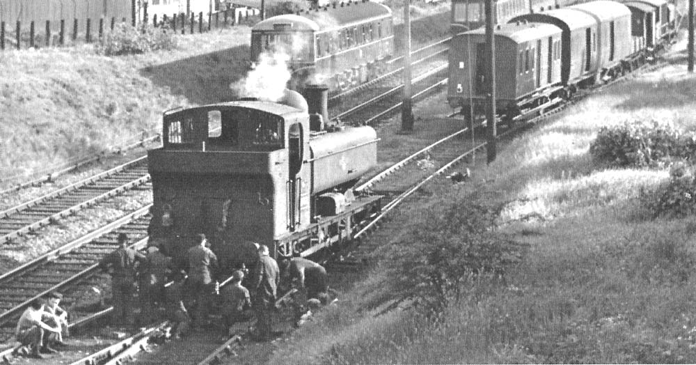 Ex-Great Western Railway 0-6-0PT 8750 class Pannier No 9753 being rerailed by members of the Tyseley Breakdown gang in 1962