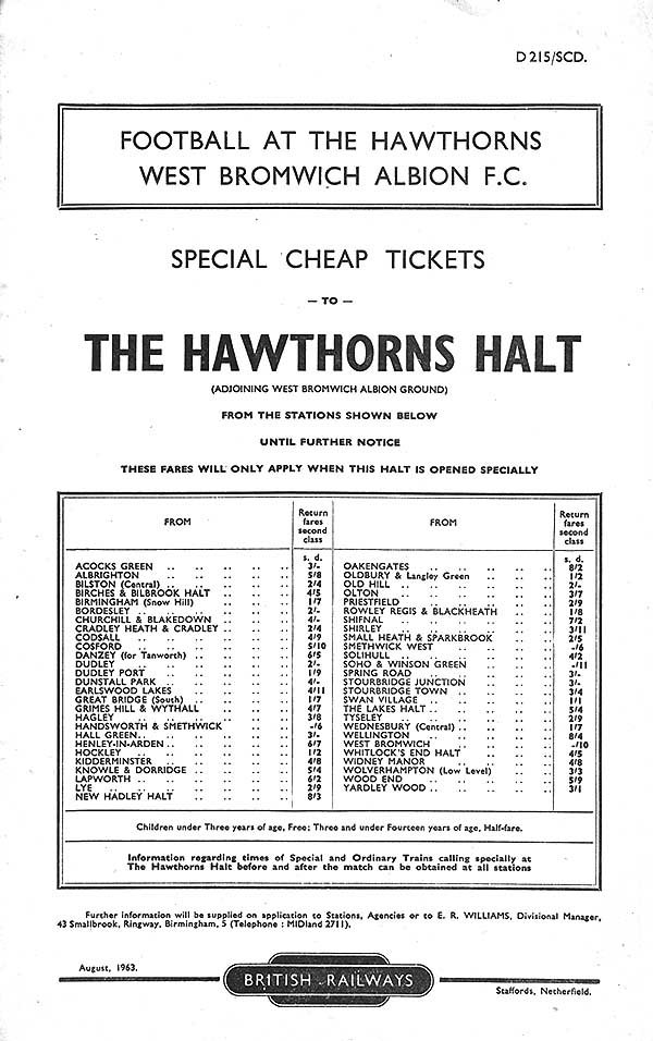 A British Railways Handbill dated August 1963 advertising the special fares available only on match days