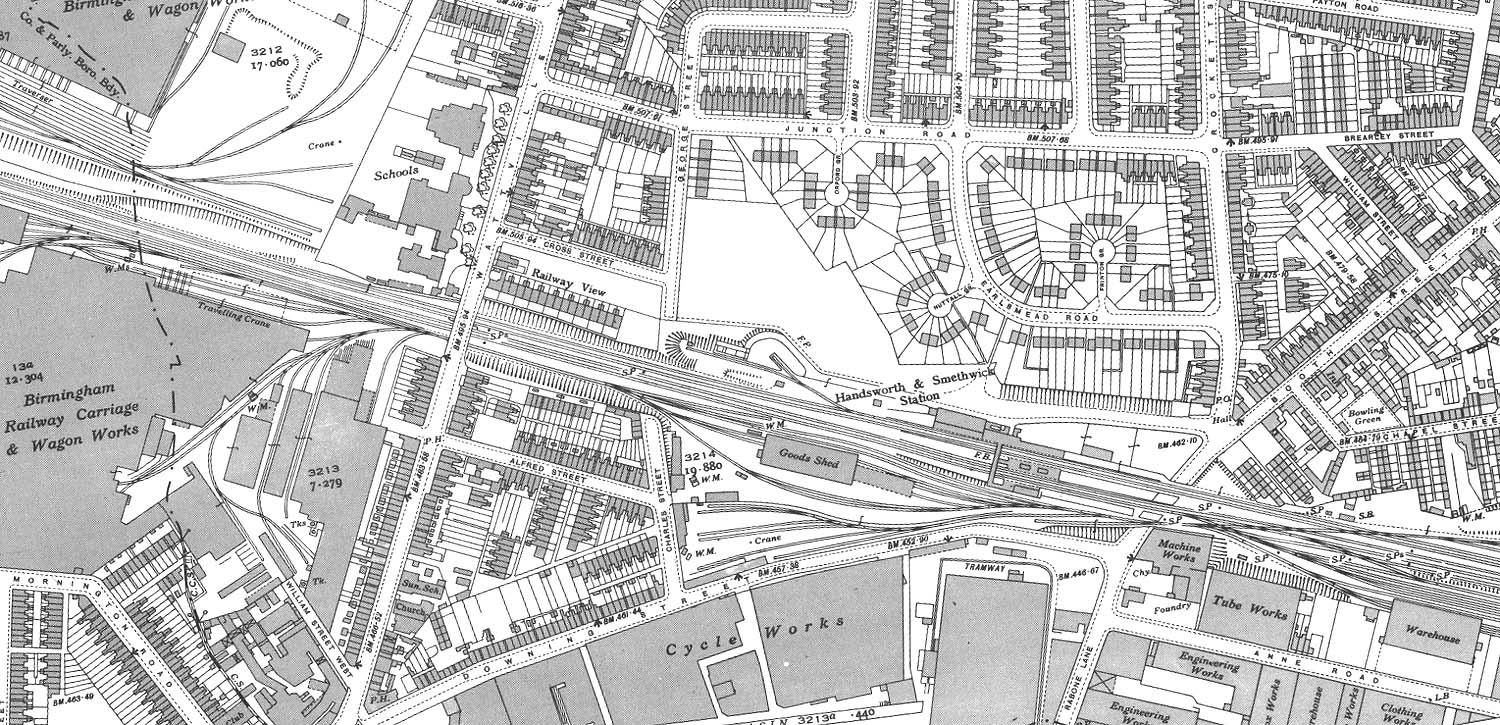 A 1937 25 inch to the Mile Ordnance Survey Map showing Handsworth & Smethwick station and goods yard