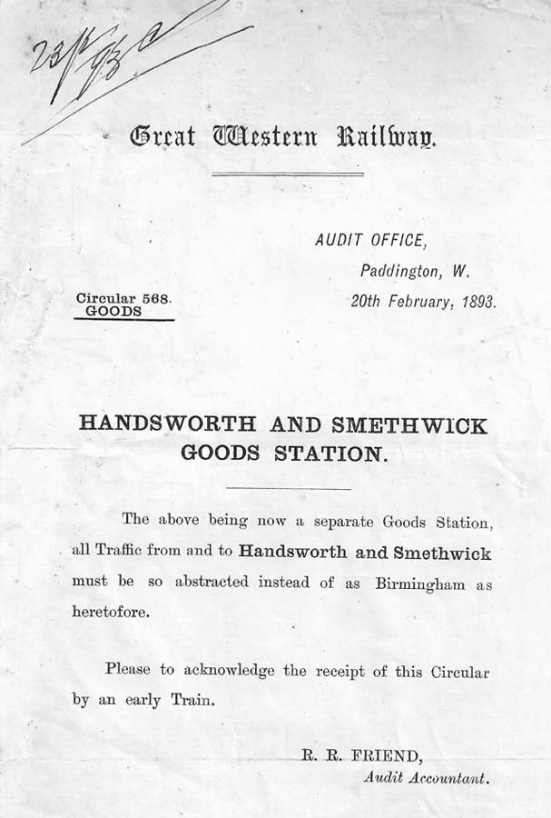 Official Great Western Railway Circular dated 20th February 1893 from the Goods Department regarding the accounting of traffic at Handsworth & Smethwick Station