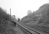 An unidentified ex-GWR Hall Class locomotive approaches the West end of Harbury Tunnel on 9th February 1952