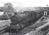 Ex-GWR 4-6-0 No 5955 'Garth Hall' passes over Hatton North Junction with a down express service circa 1960