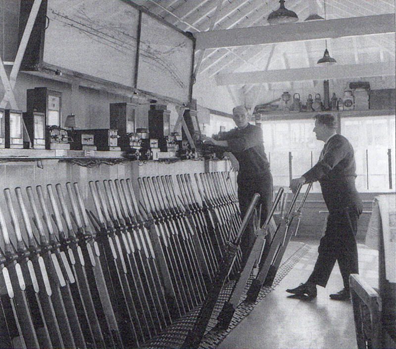 Internal view of Hatton South Signal Box and Grade One relief signalman Jack Vine on the right in 1960