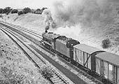 Ex-LMS 8F 2-8-0 No 48477 is seen working hard as it heads a down freight to Birmingham on 26th July 1966