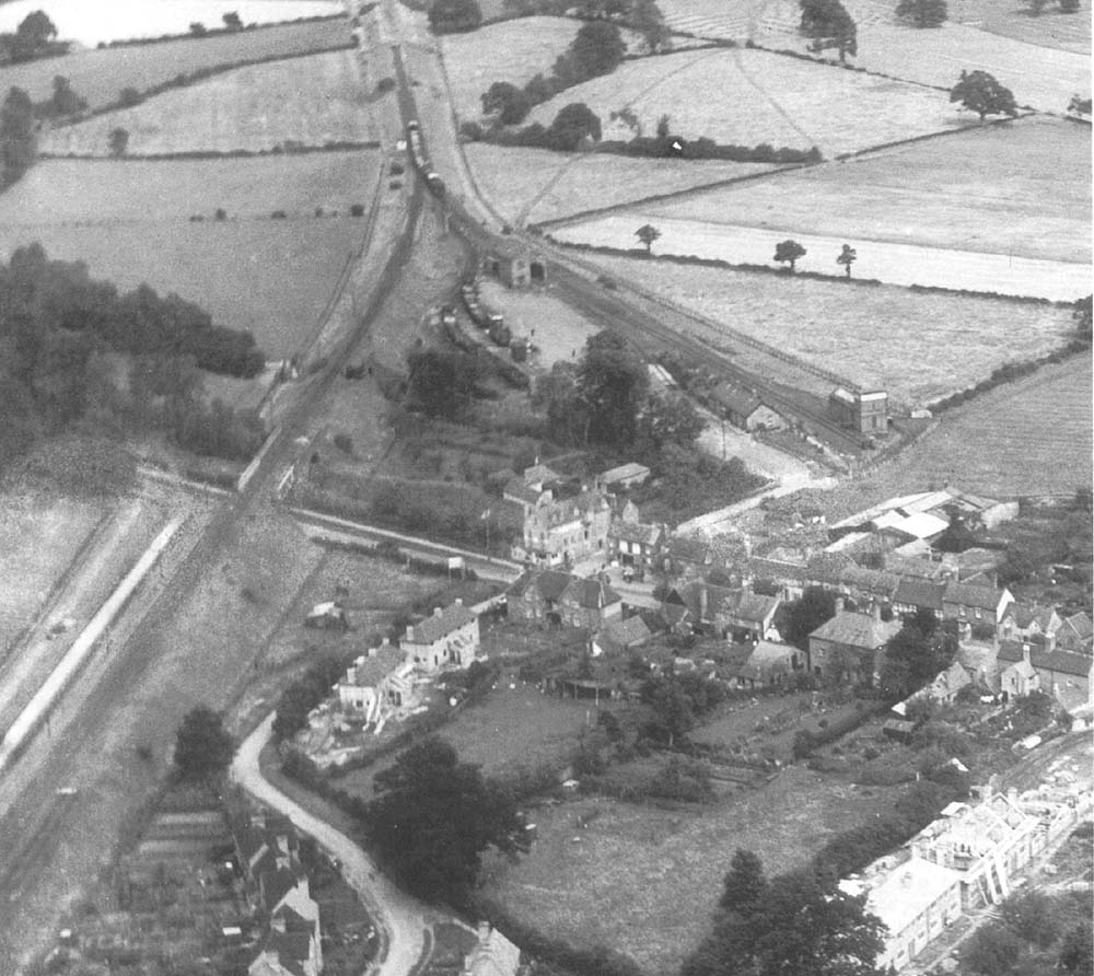 An aerial view of Henley-in-Arden in 1930 showing the layout of the original terminus station plus the engine shed and goods shed and yard