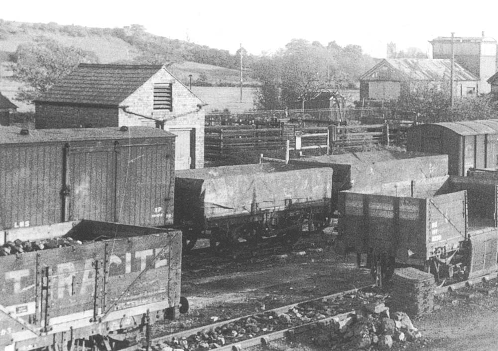Close up showing the two sidings and the typical array of vans and five-plank wagons used to transport primarily coal to Henley-in-Arden