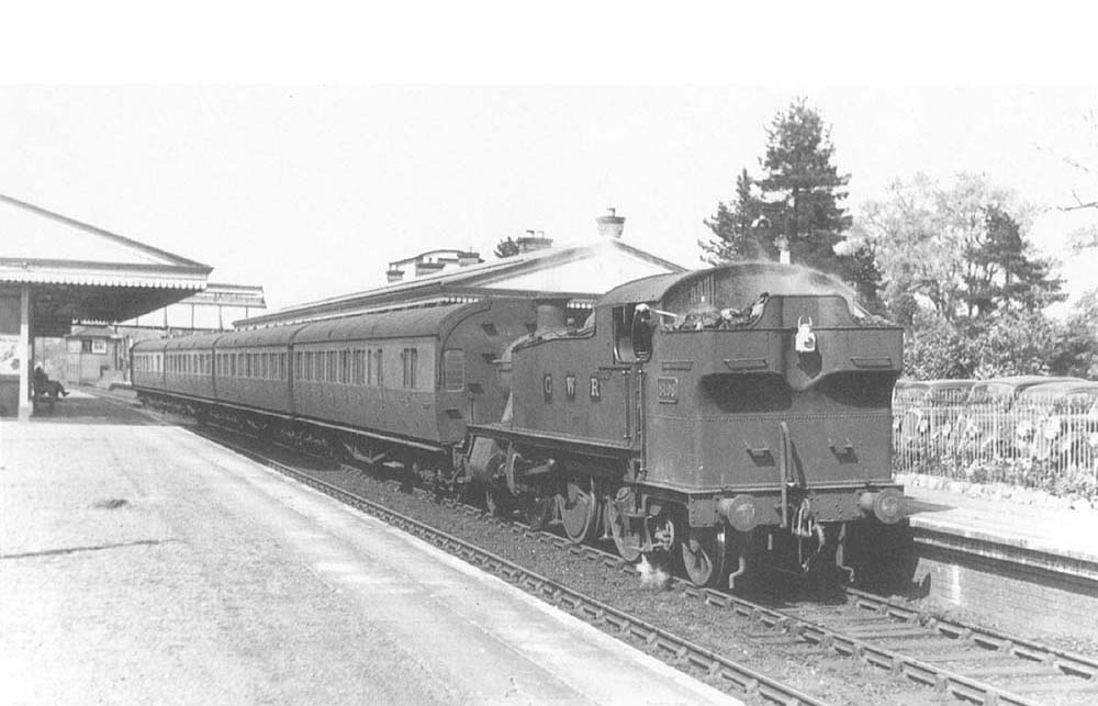 GWR 2-6-2T Prairie No 8108 is seen running tender first on a down Moor Street to Stratford on Avon local passenger service in 1947