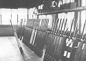 An internal view of Henley in Arden Signal Box showing some of the fifty-seven levers that controlled the line