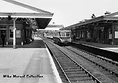 An unidentified ex-GWR Railcar is seen standing at Henley-in-Arden's down platform whilst on a local  Stratford on Avon service