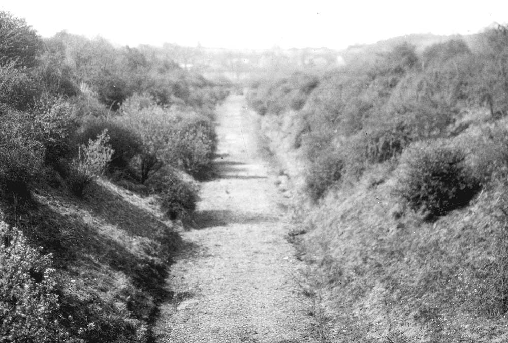 An elevated view of the abandoned branch line looking in the direction of Henley in Arden some forty plus years after the track had been lifted