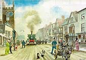 Painting of a contractor's 0-4-0ST locomotive being driven up the High Street to the B&HRC terminus station