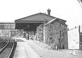 Close up of the down platform building showing the timber built bicycle shed provided by the Great Western in the early 1930s