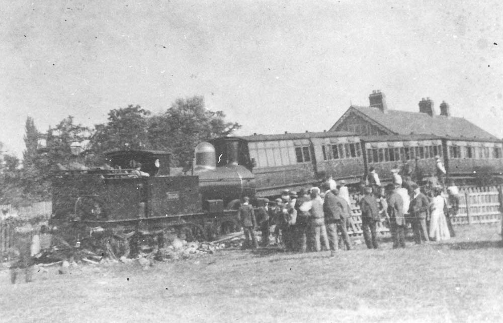GWR 0-4-4T 3521 class No 3556 is seen derailed after running through the buffers on the 7am through train from Birmingham Snow Hill 4th September 1899
