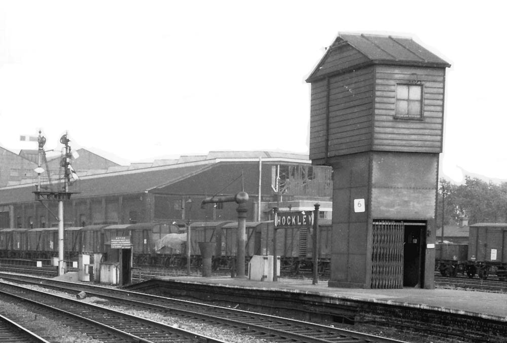 Close up showing the lift shaft, signals and water crane located at the Birmingham end of the island platforms