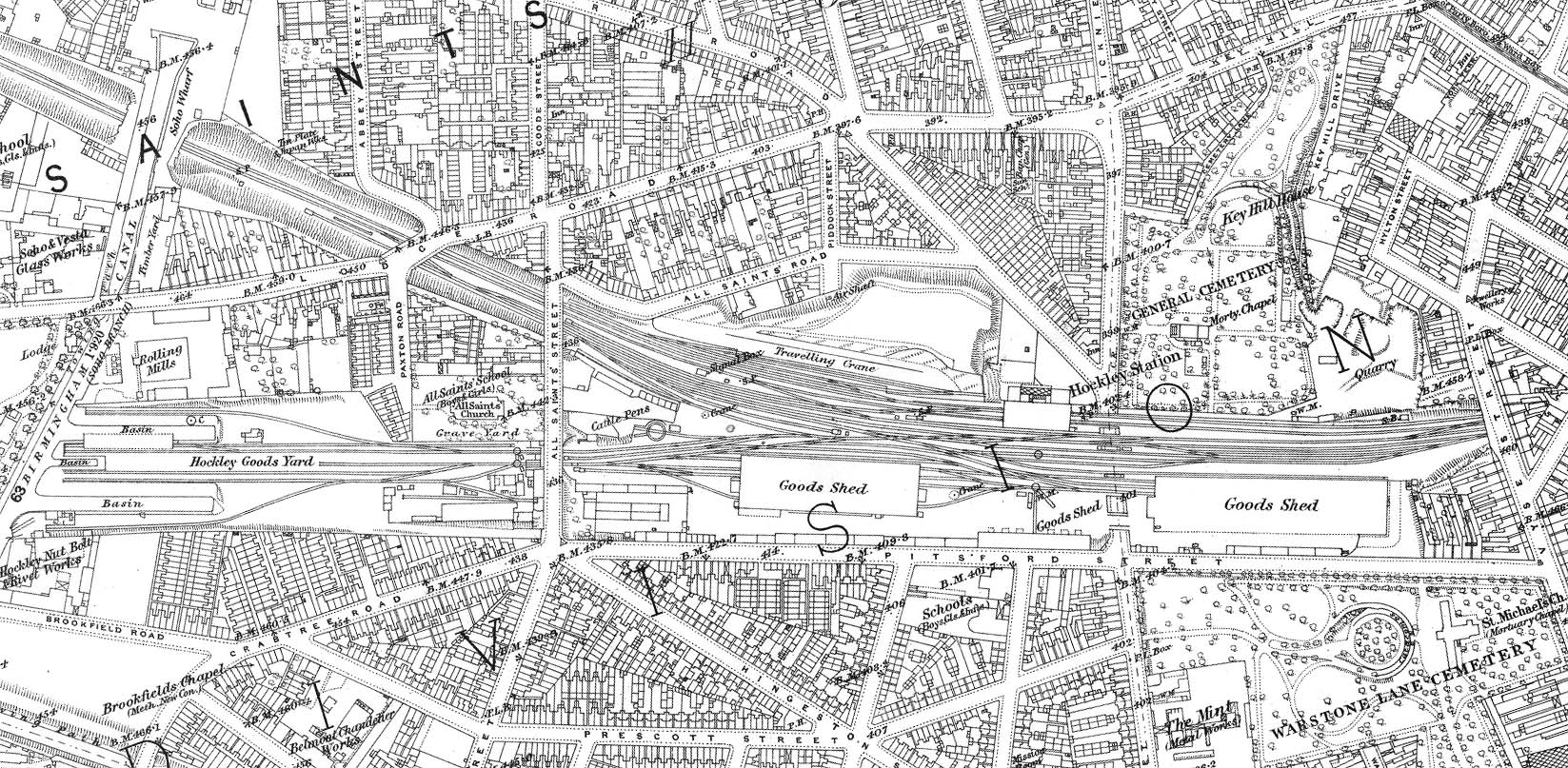 An 1888 25 inch to the mile Ordnance Survey map showing Hockley station, goods yard and transit sheds