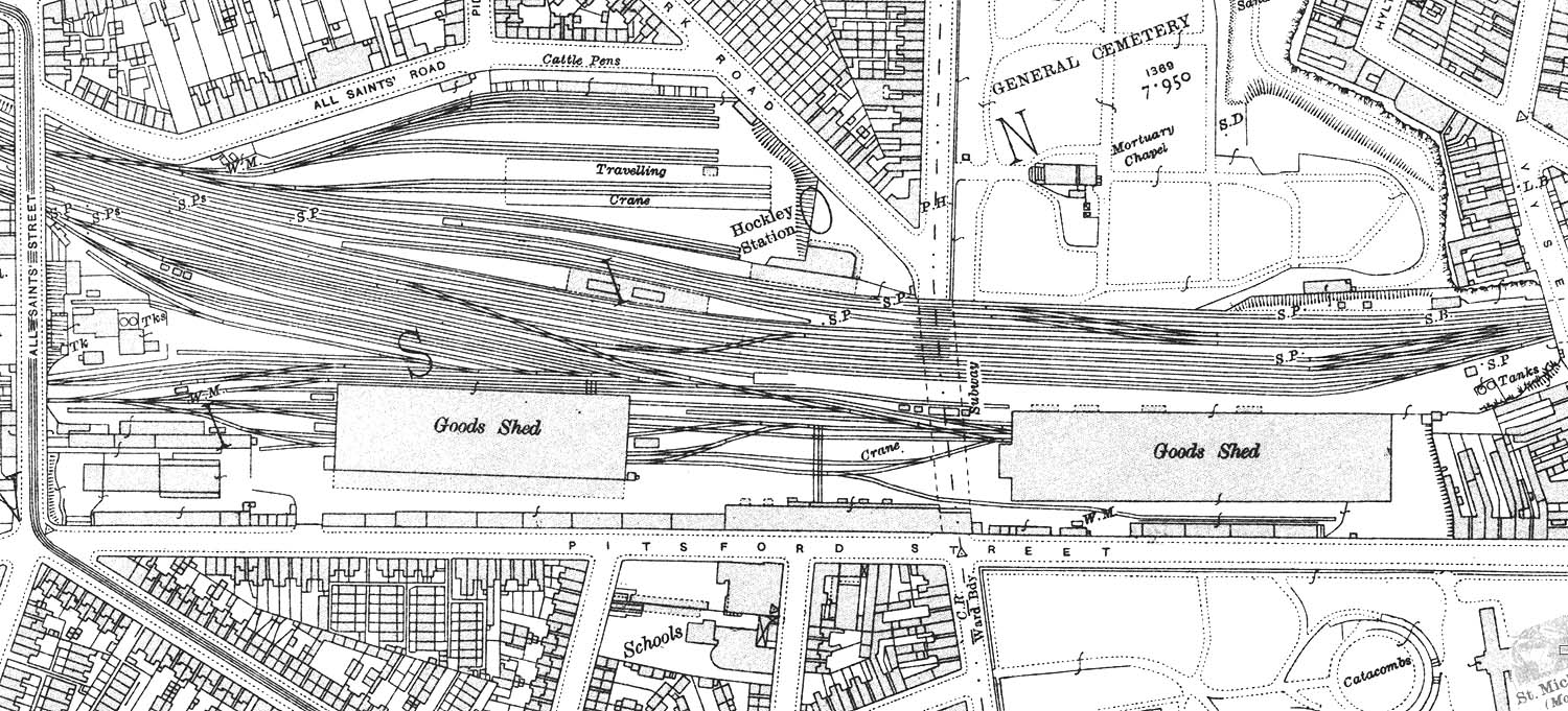 A 1913 25 inch to the mile Ordnance Survey map showing the Inwards shed on the right and the Outwards shed on the left