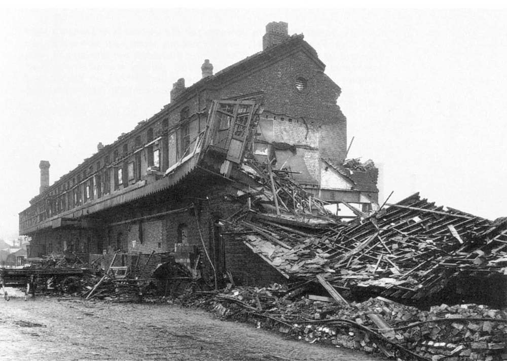 View looking towards Birmingham showing the extensive damage suffered by the main office block adjacent to the 'Farm'