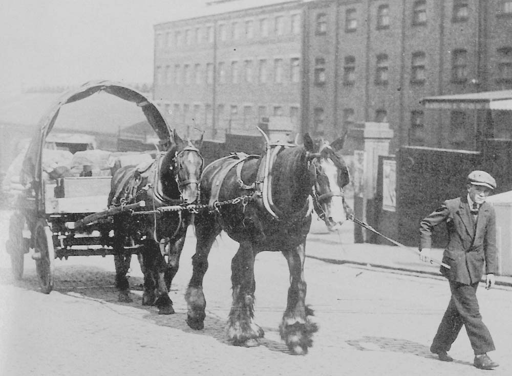 Great Western Railway Chain Horse helping another horse with a loaded flat trolley up the Pitsford Street slope