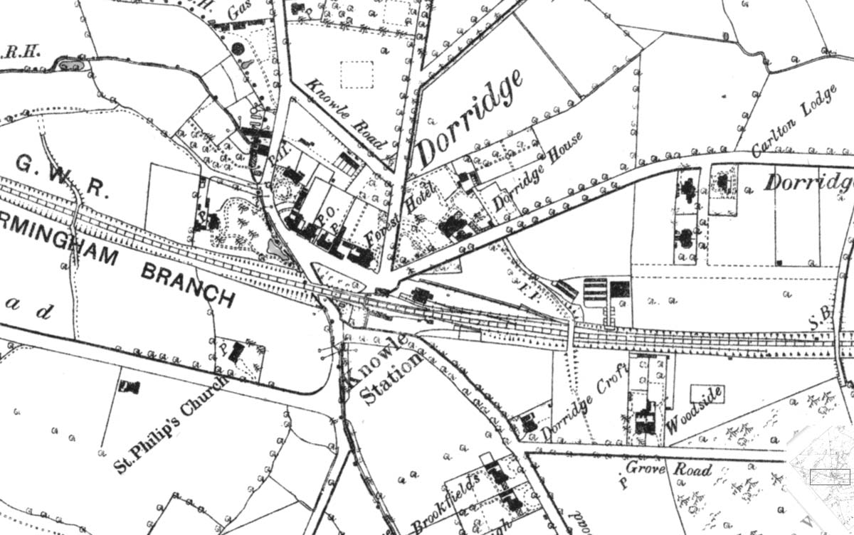 An 1888 Ordnance Survey map showing Knowle and Dorridge's station building and goods yard being adjacent to the up line